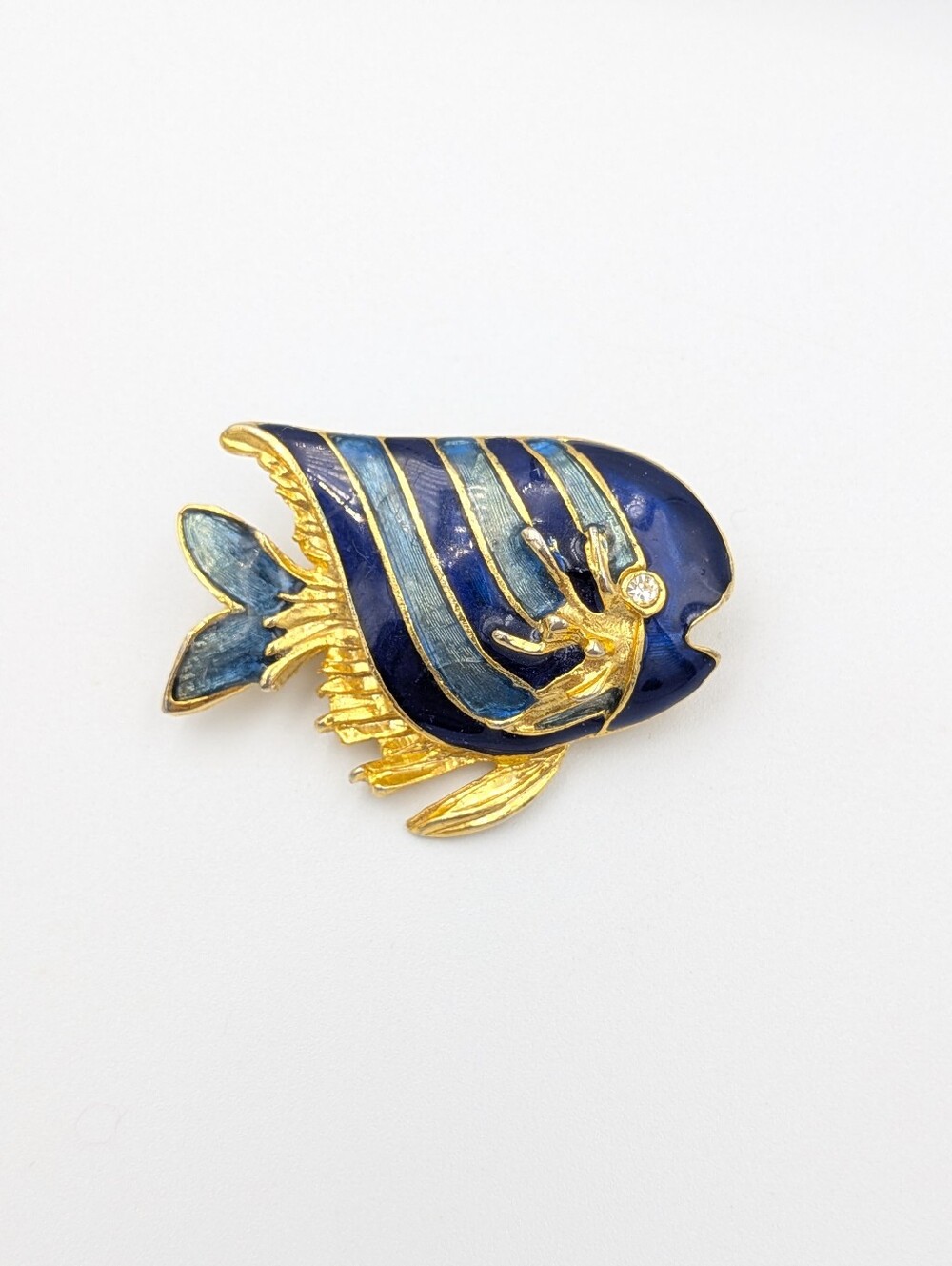 Vintage blue enamel gold tone tropical fish brooch pin